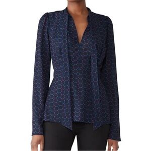 Derek Lam Collective Blue Print Tie Neck Blouse